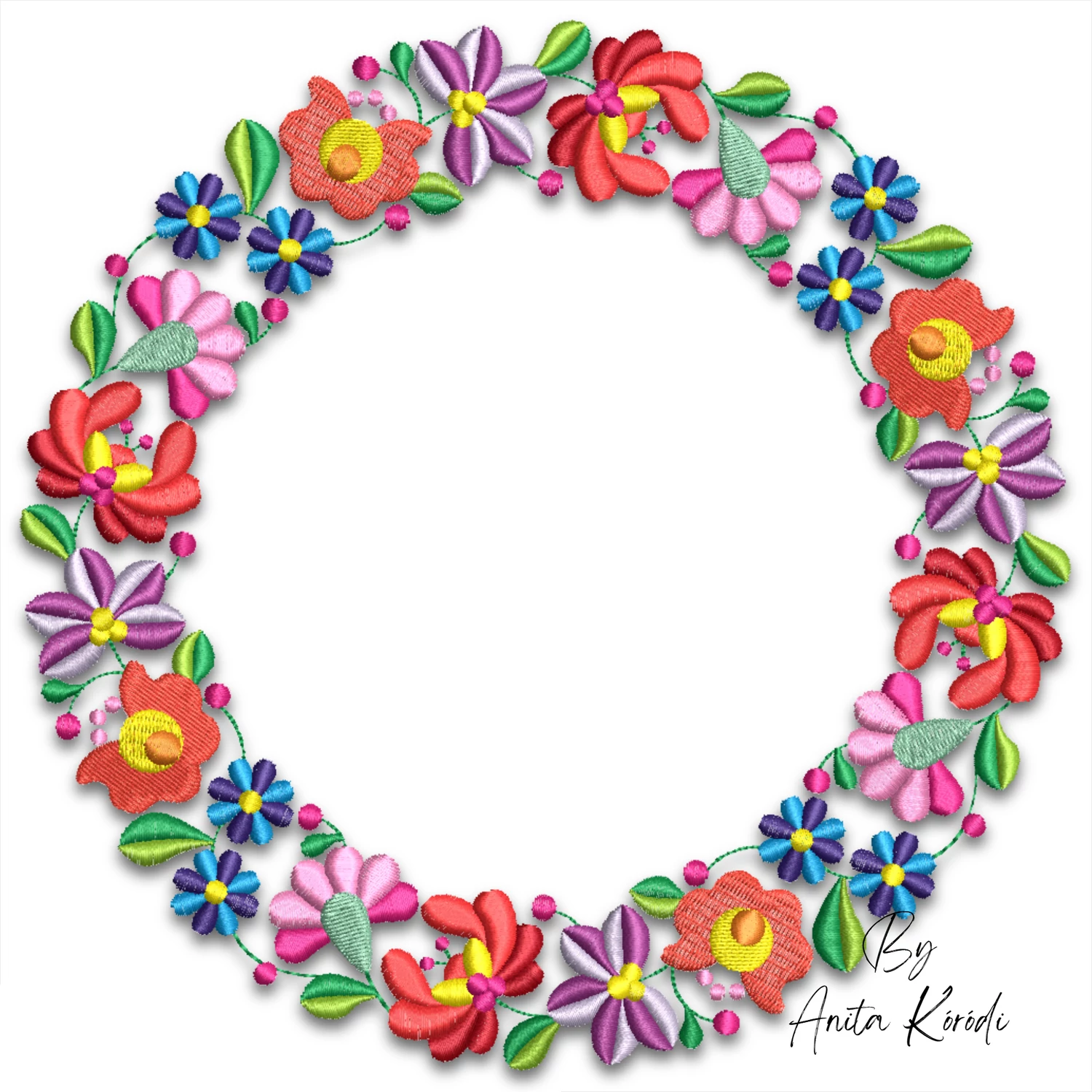 Kalocsa colorful floral wreath machine embroidery design with vibrant red pink purple and blue flowers, yellow centers and green leaves