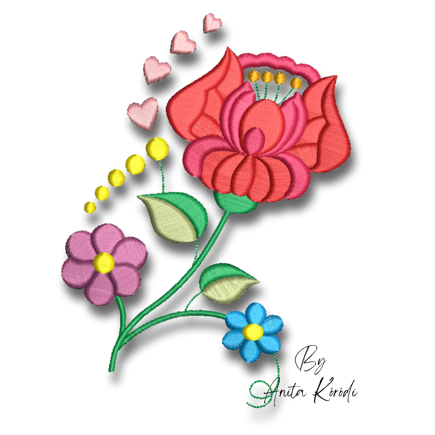 Kalocsa floral bouquet machine embroidery design featuring colorful Hungarian folk flowers, pink hearts and green leaves