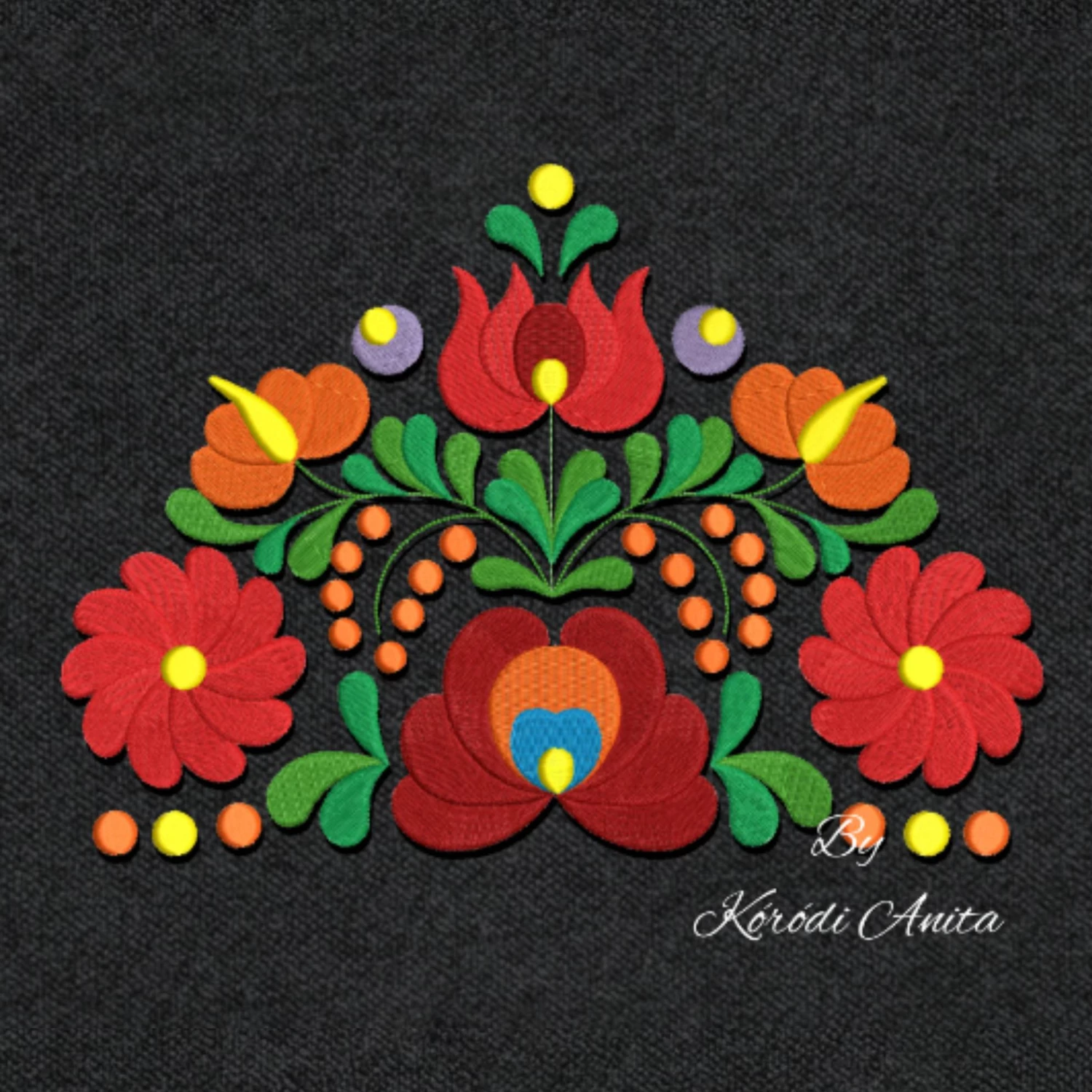 Kalocsa Hungarian folk embroidery design available in four sizes with stitch counts and dimensions