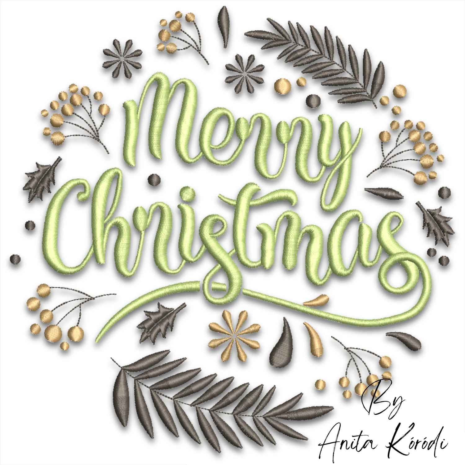Merry Christmas floral embroidery design with leaves and berries