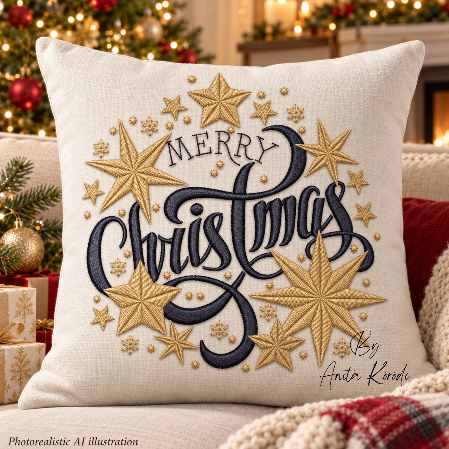 Merry Christmas machine embroidery design with elegant golden stars