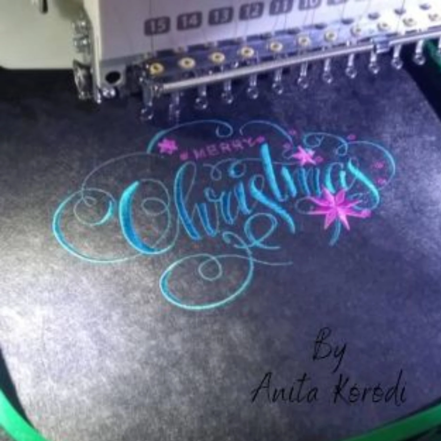 Elegant Merry Christmas lettering embroidery with stars and swirls
