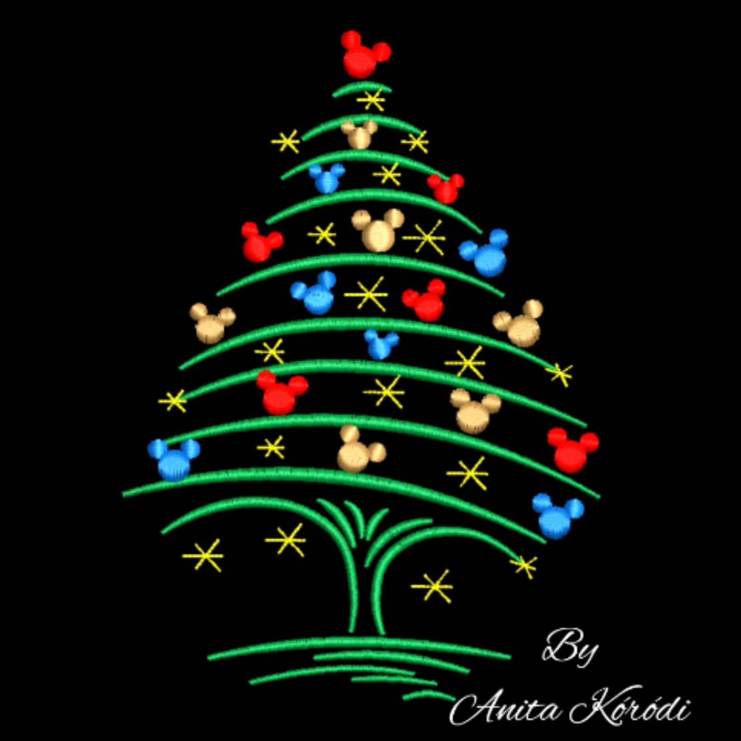 Mickey Christmas tree machine embroidery design with colorful ornaments