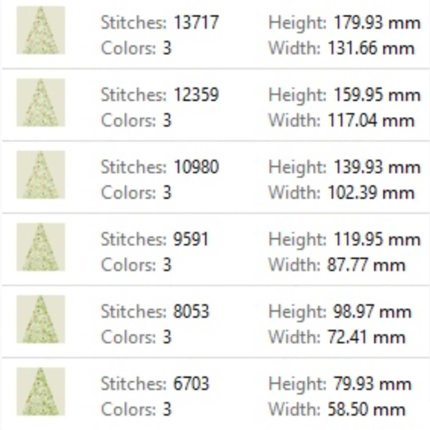 Swirly green Christmas tree machine embroidery pattern in six sizes