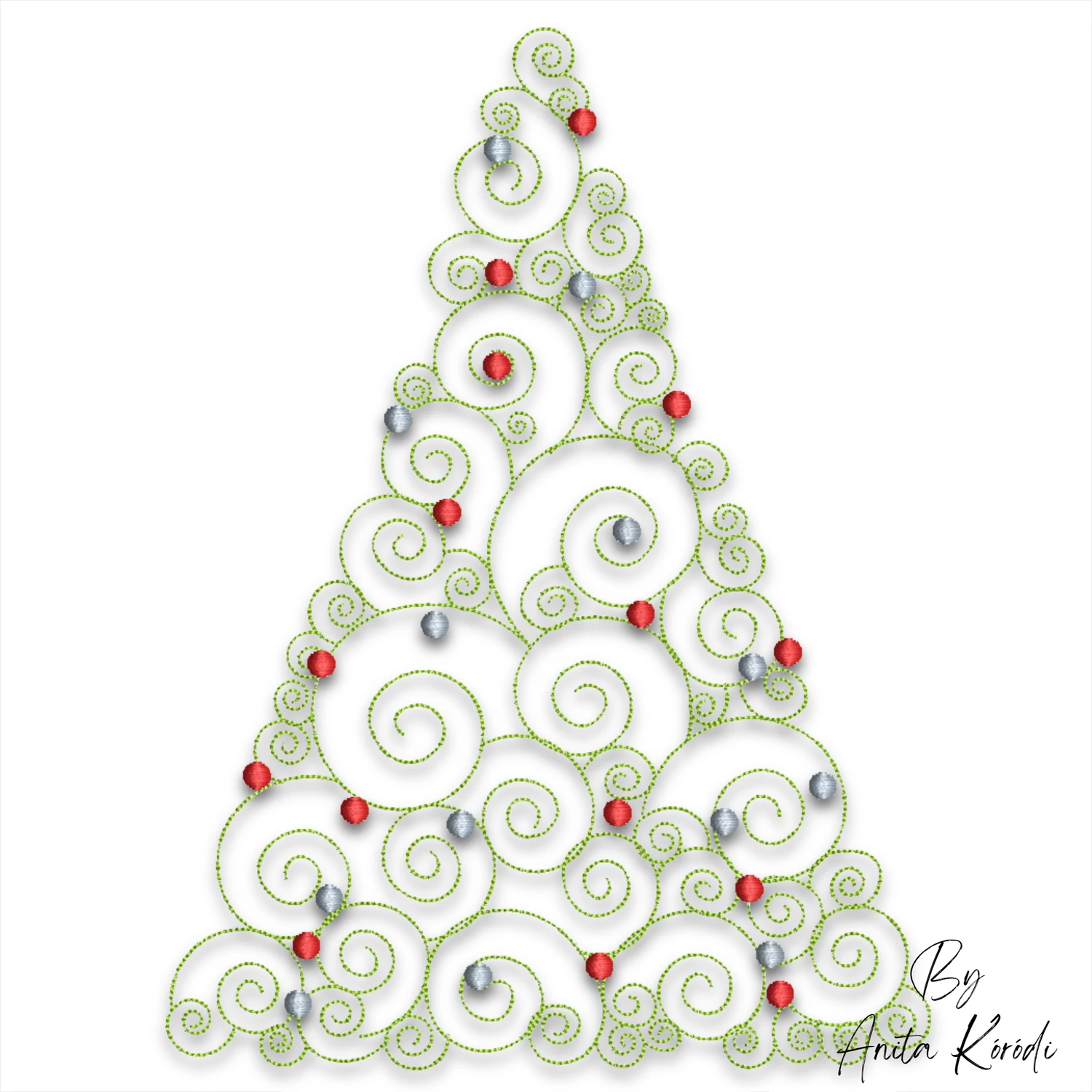 Modern spiral Christmas tree embroidery design with red and silver ornaments