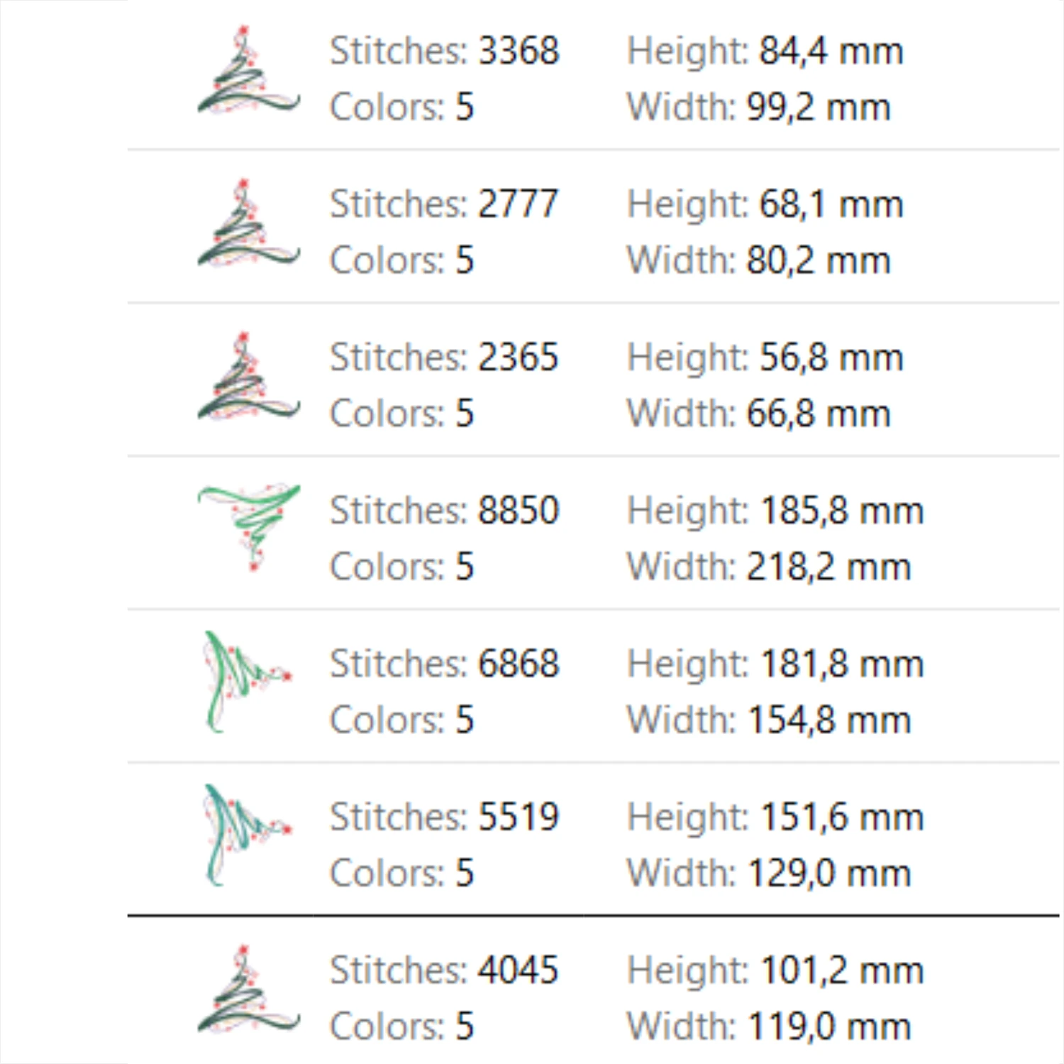 Modern Christmas tree machine embroidery design sizes