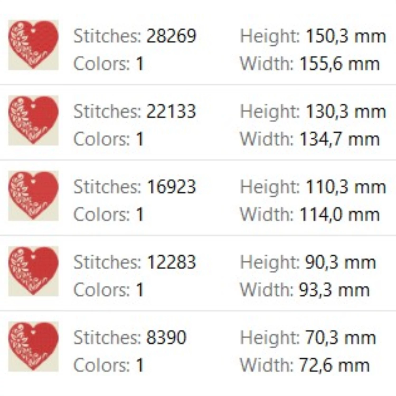 Red ornamental heart embroidery design with floral details