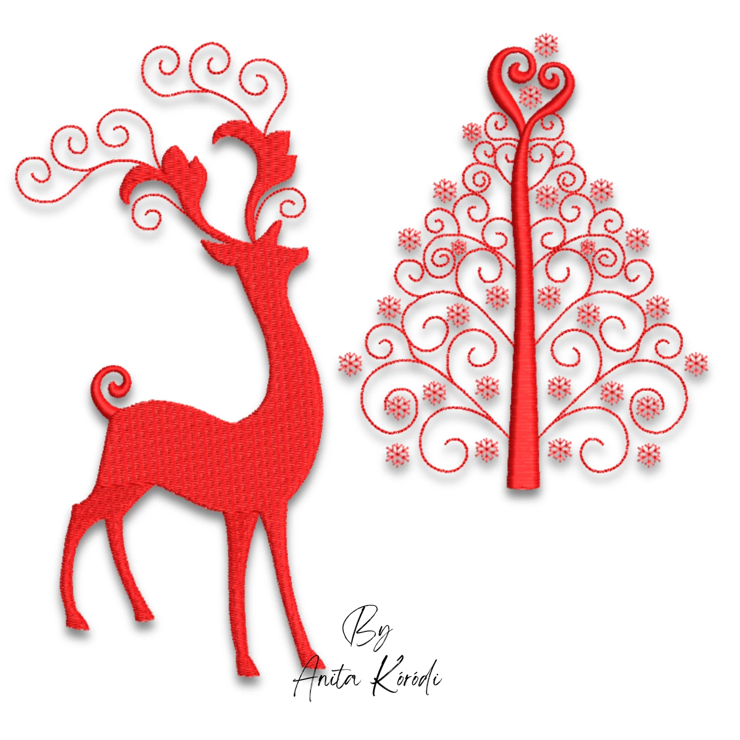 Ornate reindeer and Christmas tree embroidery design