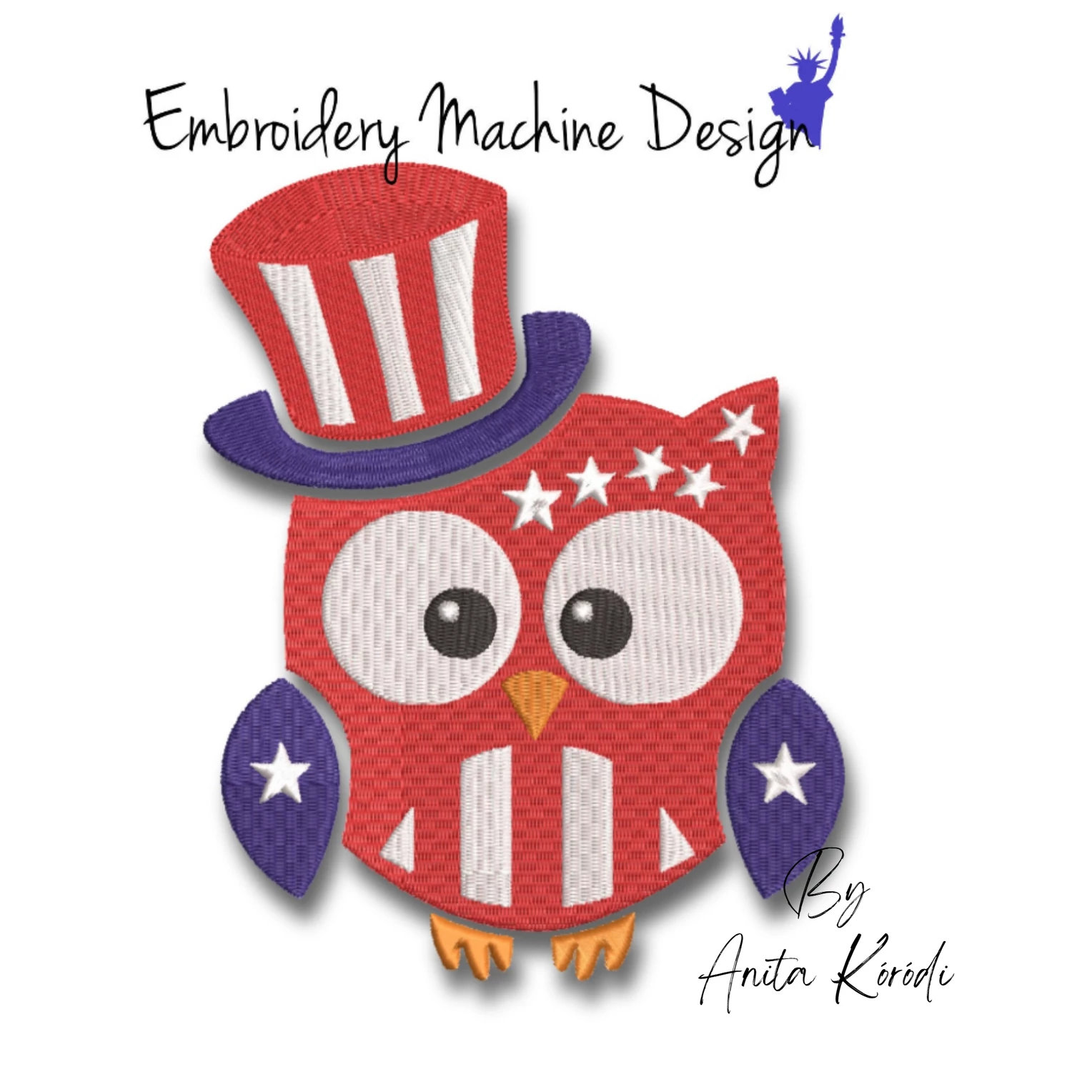 Patriotic owl machine embroidery design featuring cute red white and blue owl wearing Uncle Sam hat with American stars and stripes