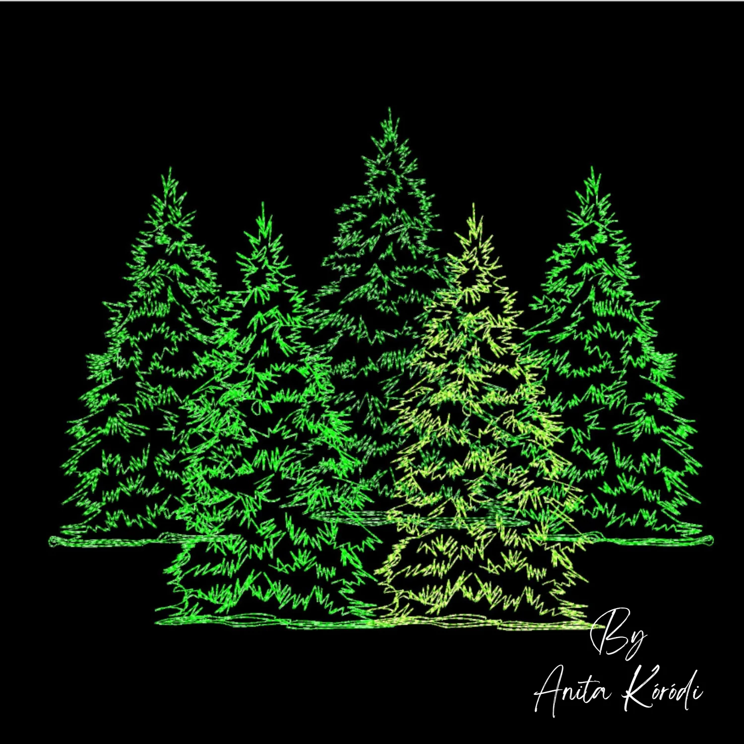 Green pine forest landscape embroidery design