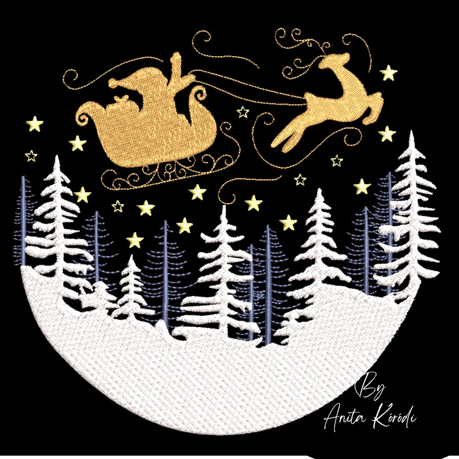 Santa Claus flying over a snowy winter forest embroidery design Golden Santa sleigh and reindeer Christmas machine embroidery design