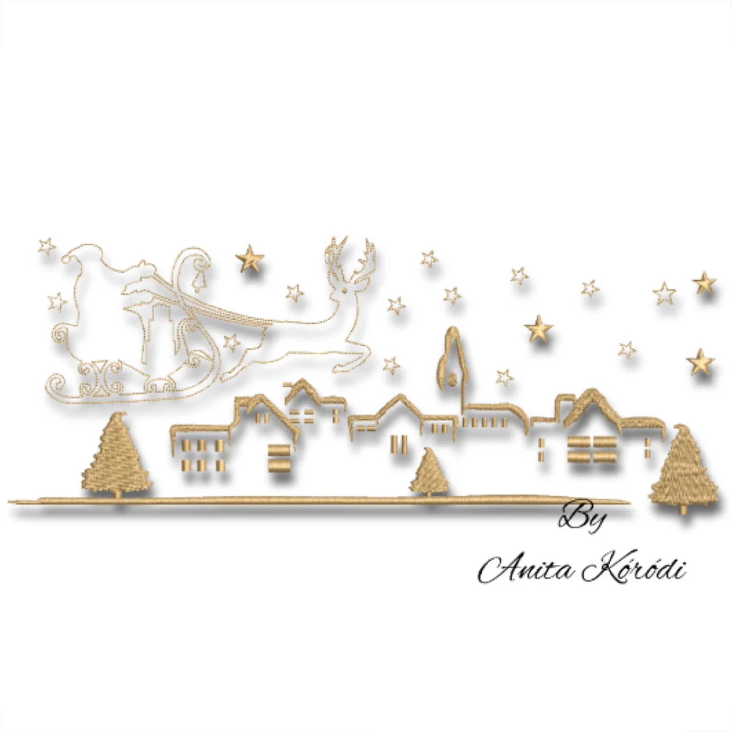 Santa sleigh Christmas village embroidery design with reindeer and stars