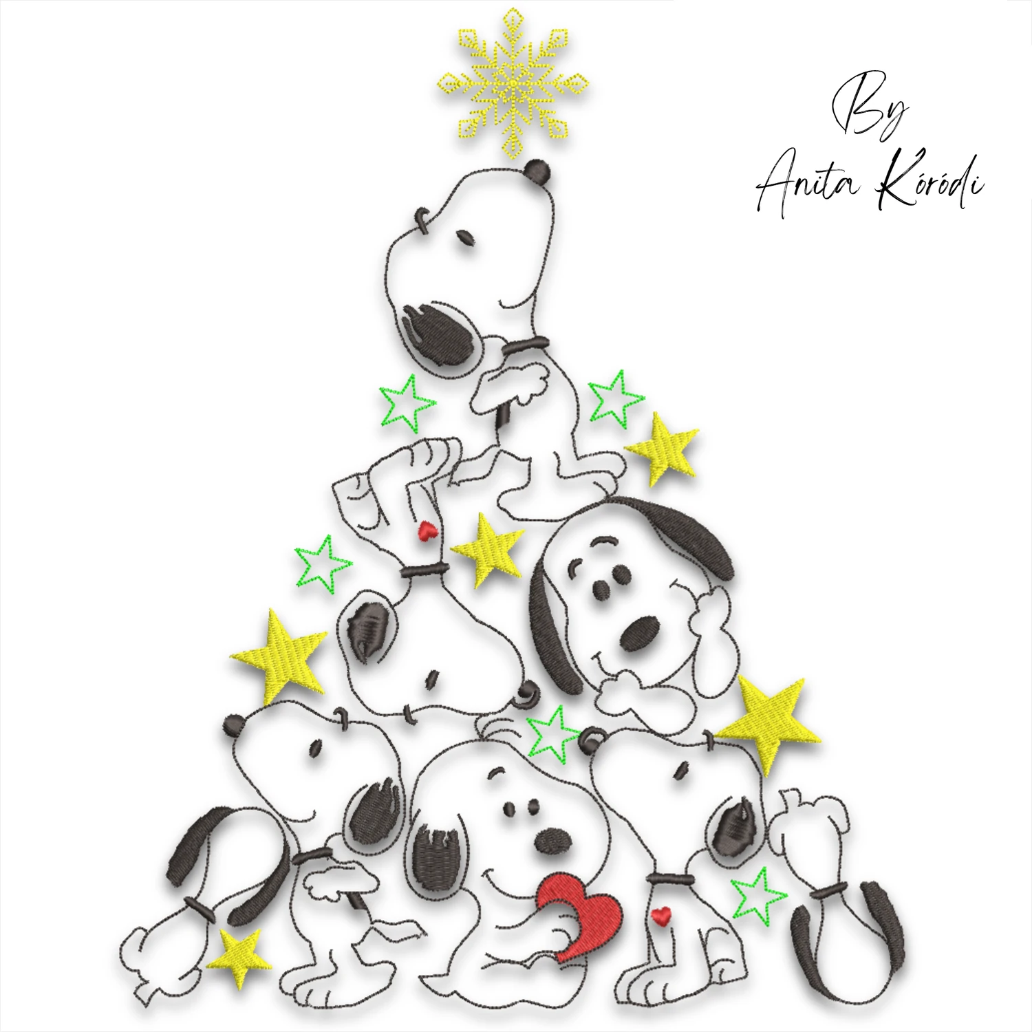 Snoopy Christmas tree machine embroidery outline and fill stitch versions