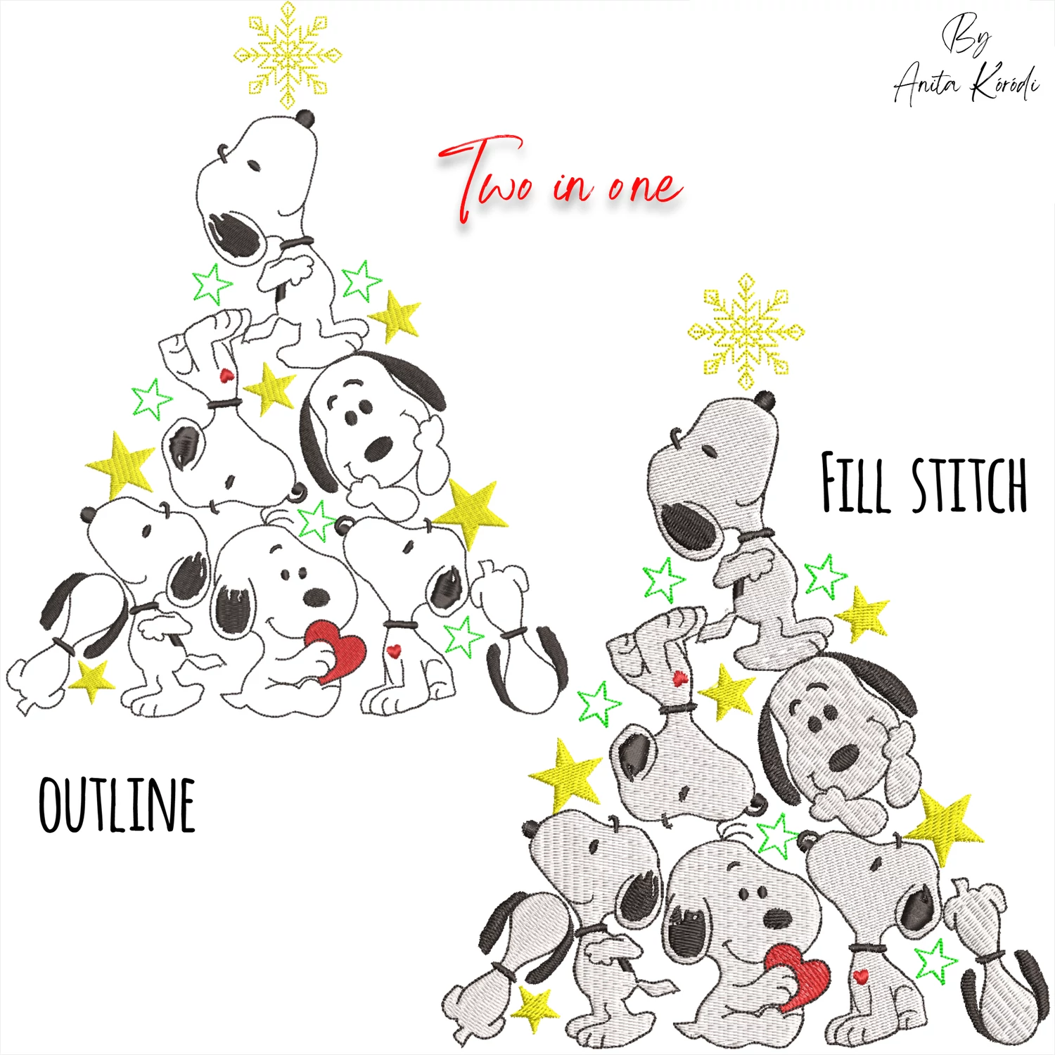 Snoopy Christmas tree embroidery design with multiple characters