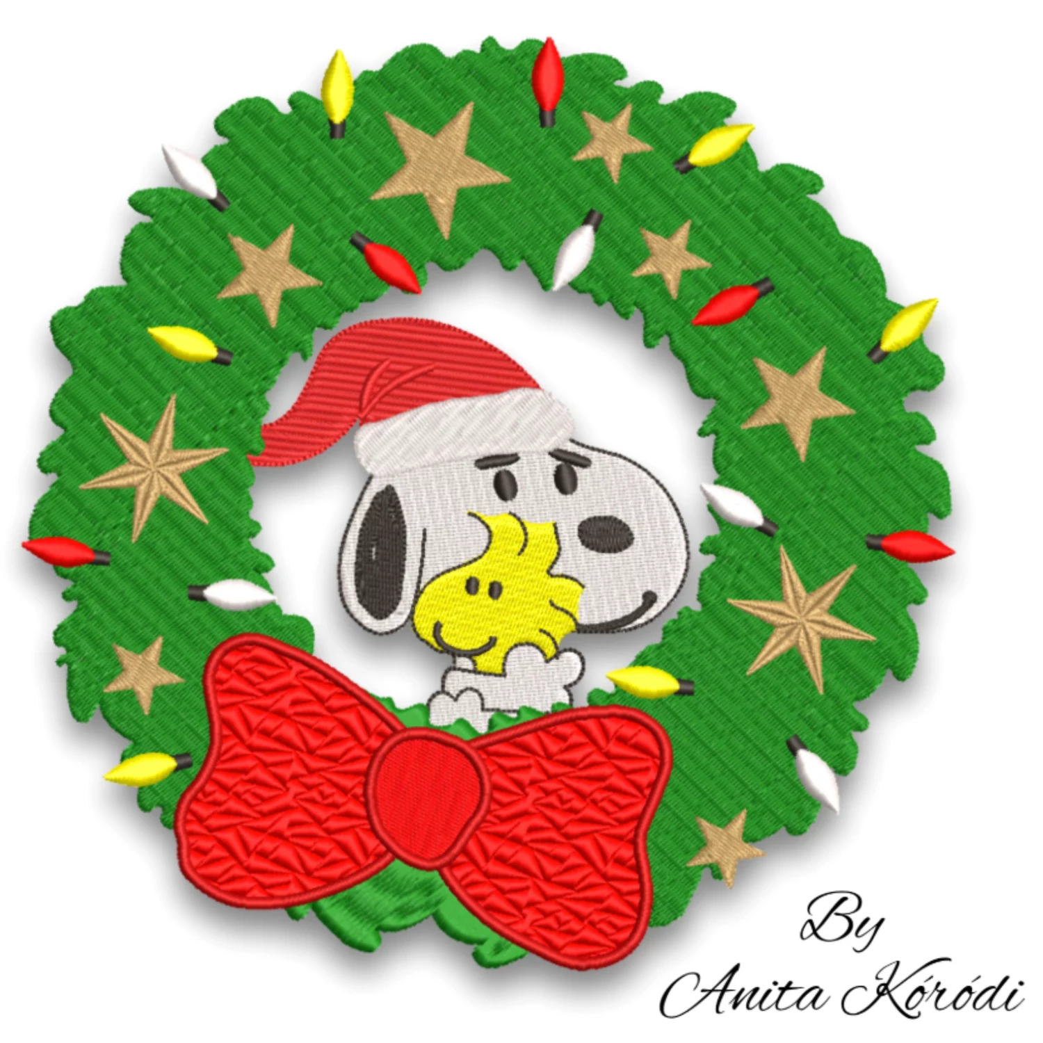 Snoopy and Woodstock Christmas wreath machine embroidery design