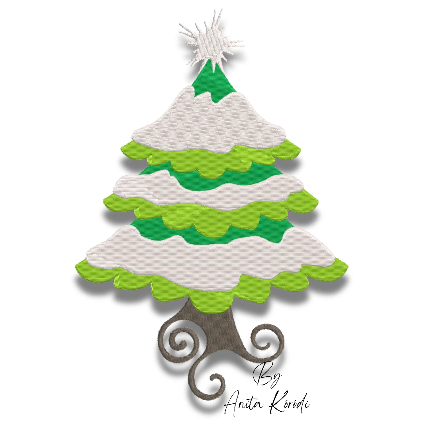 Snow-covered Christmas tree embroidery design with layered branches