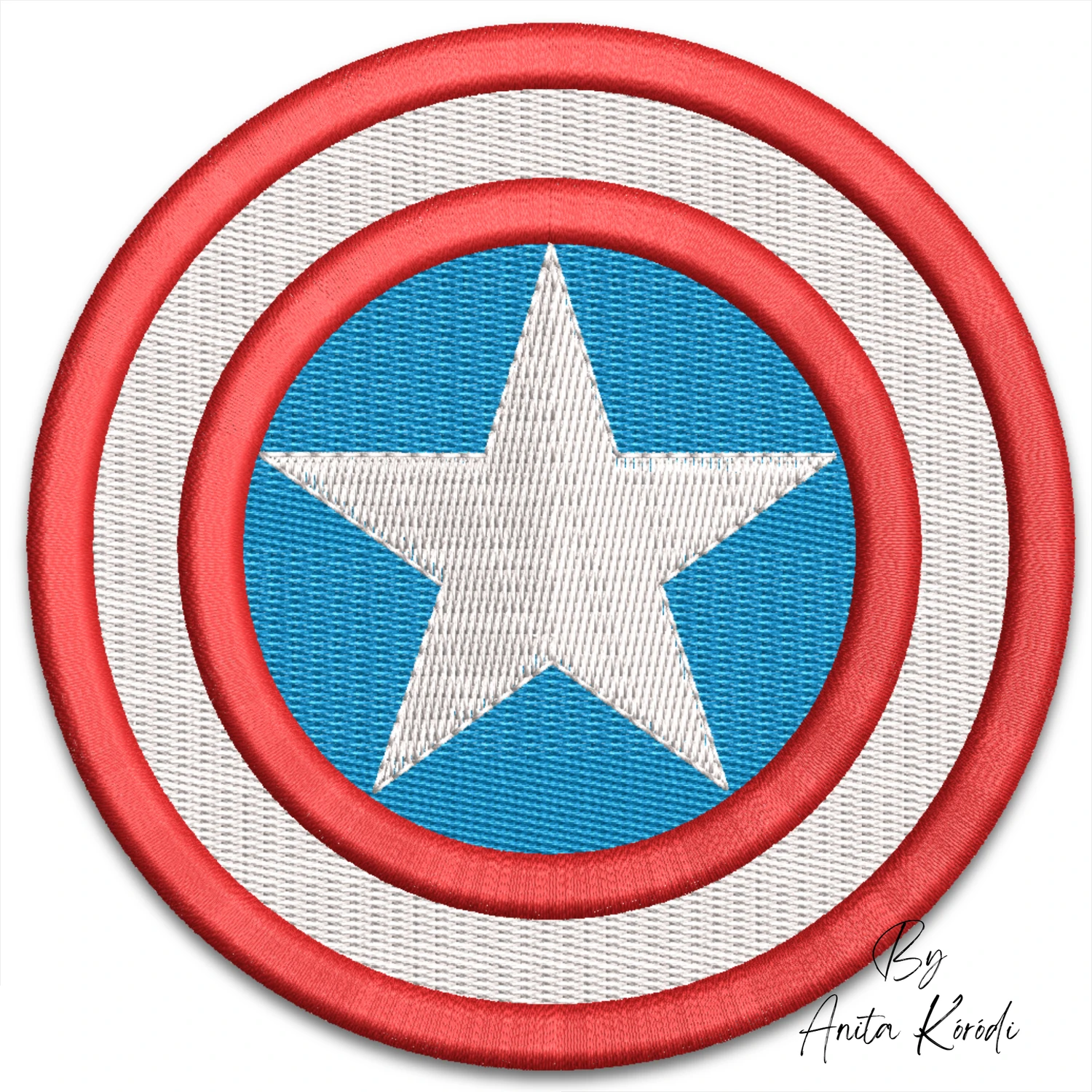 Superhero star shield machine embroidery design with white star blue center and red white circular rings