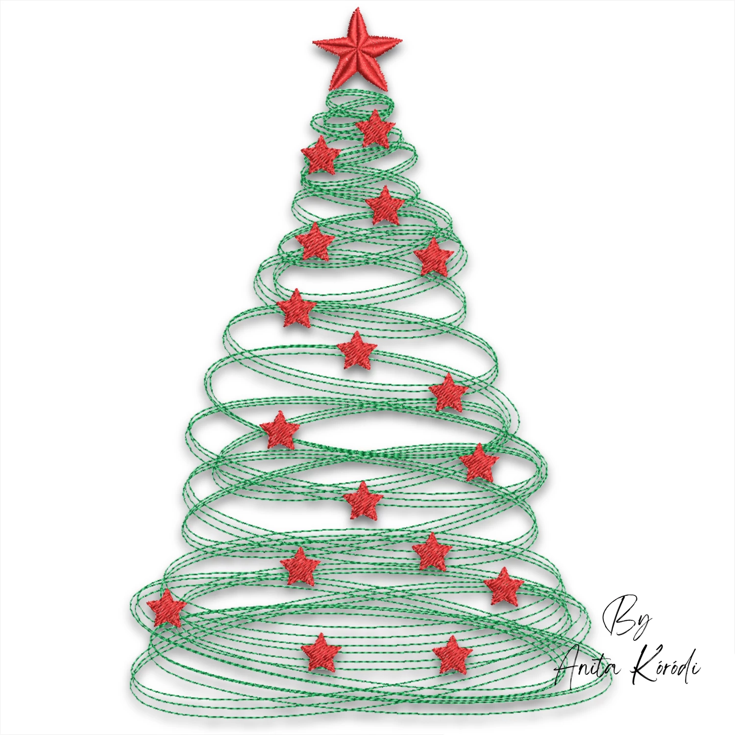 Swirl Christmas tree with stars machine embroidery design