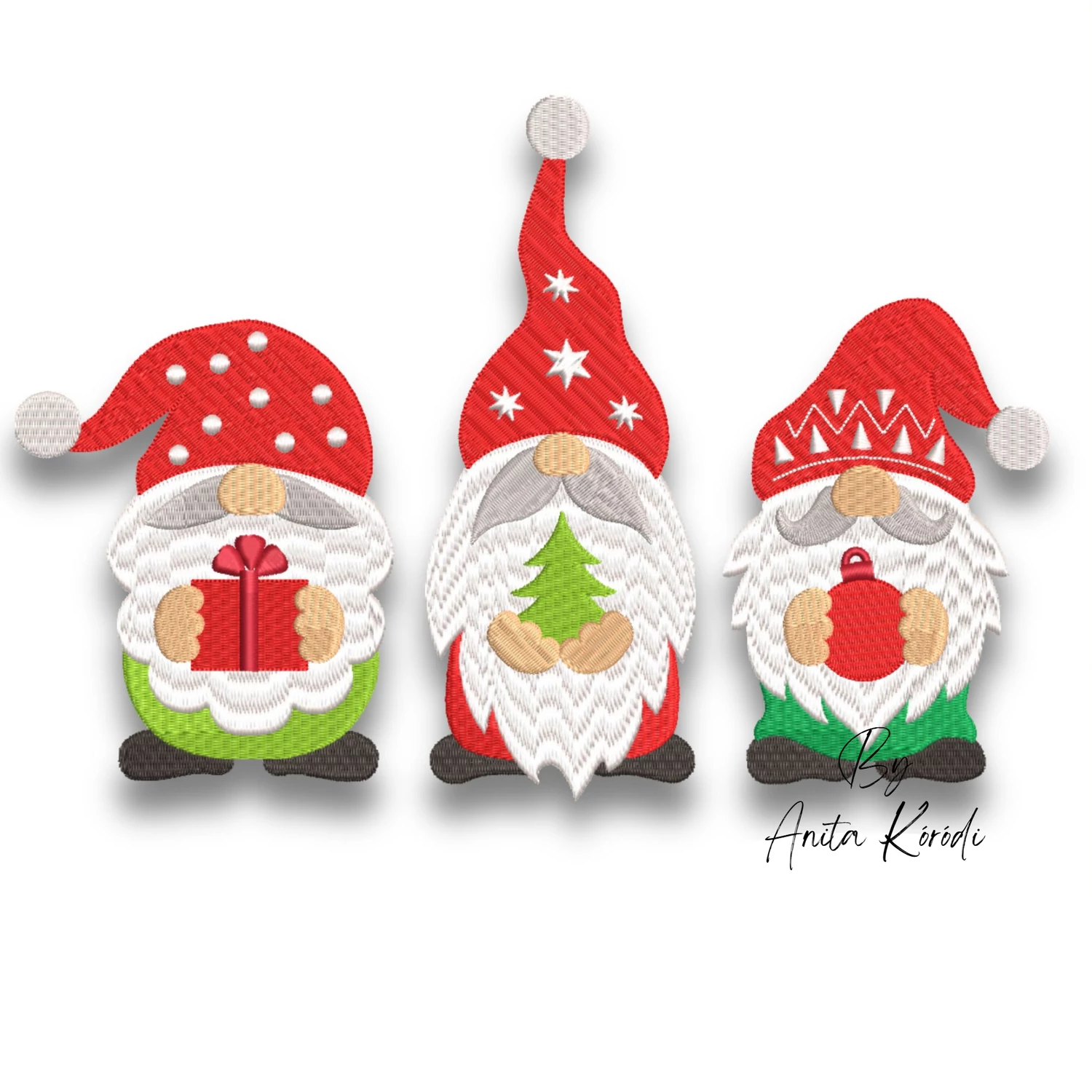 Three festive Christmas gnomes machine embroidery design