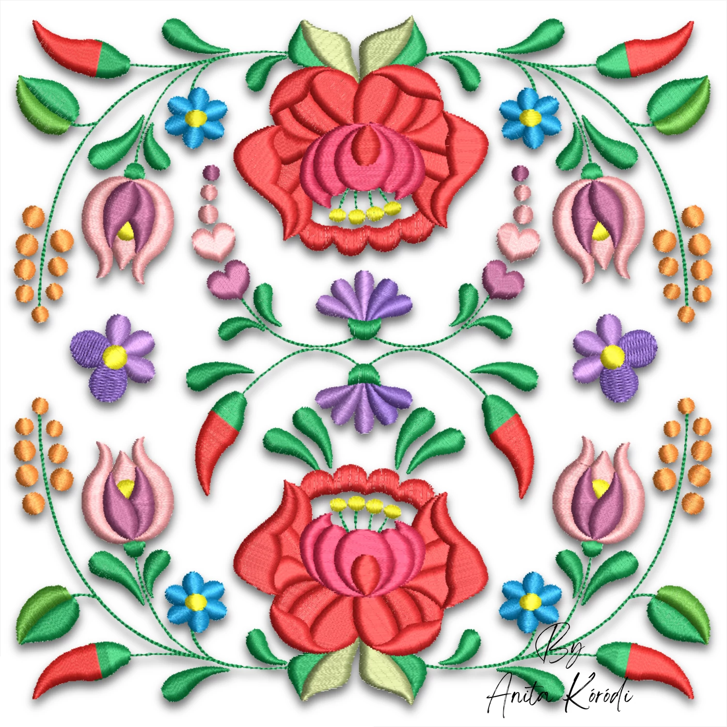 Traditional Hungarian Kalocsa floral ornament machine embroidery design featuring symmetrical red, pink, purple and blue folk flowers with green leaves
