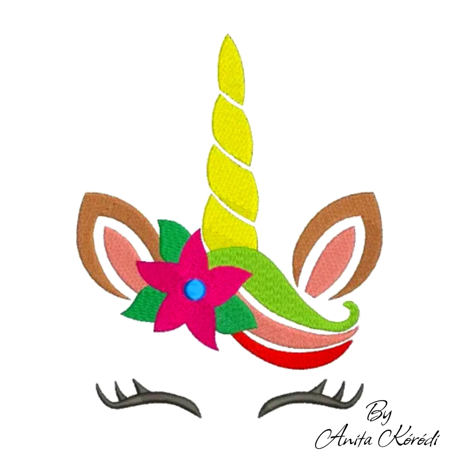 Unicorn face embroidery design with colorful horn and flower