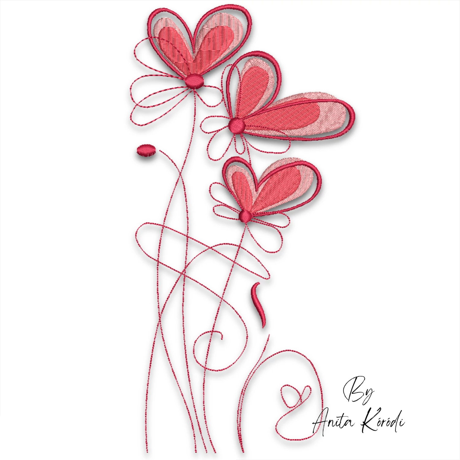 Whimsical pink heart flowers machine embroidery design with three romantic blossoms and decorative swirls