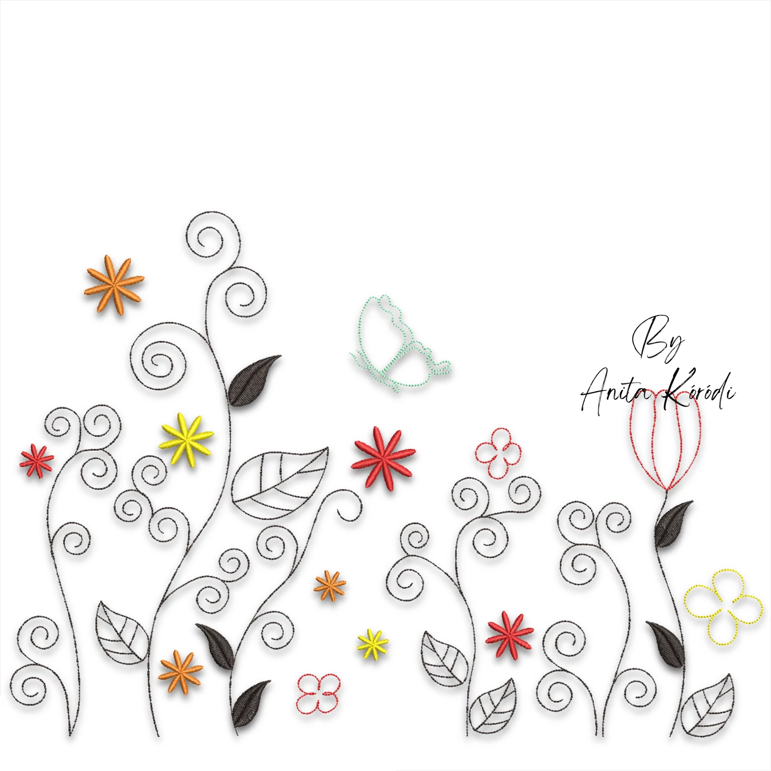 Whimsical wildflower meadow machine embroidery design with colorful star-shaped flowers, spiral stems, delicate leaves and butterfly