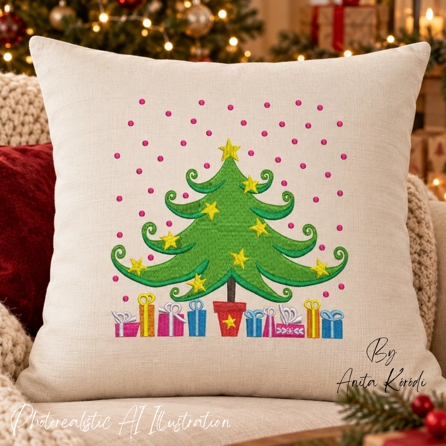 Whimsical Christmas tree machine embroidery design with colorful gifts