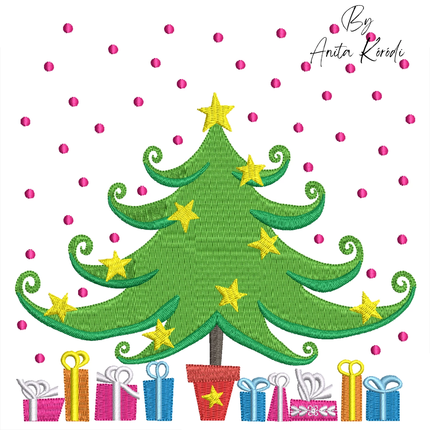Colorful Christmas tree embroidery pattern with golden stars and pink snow
