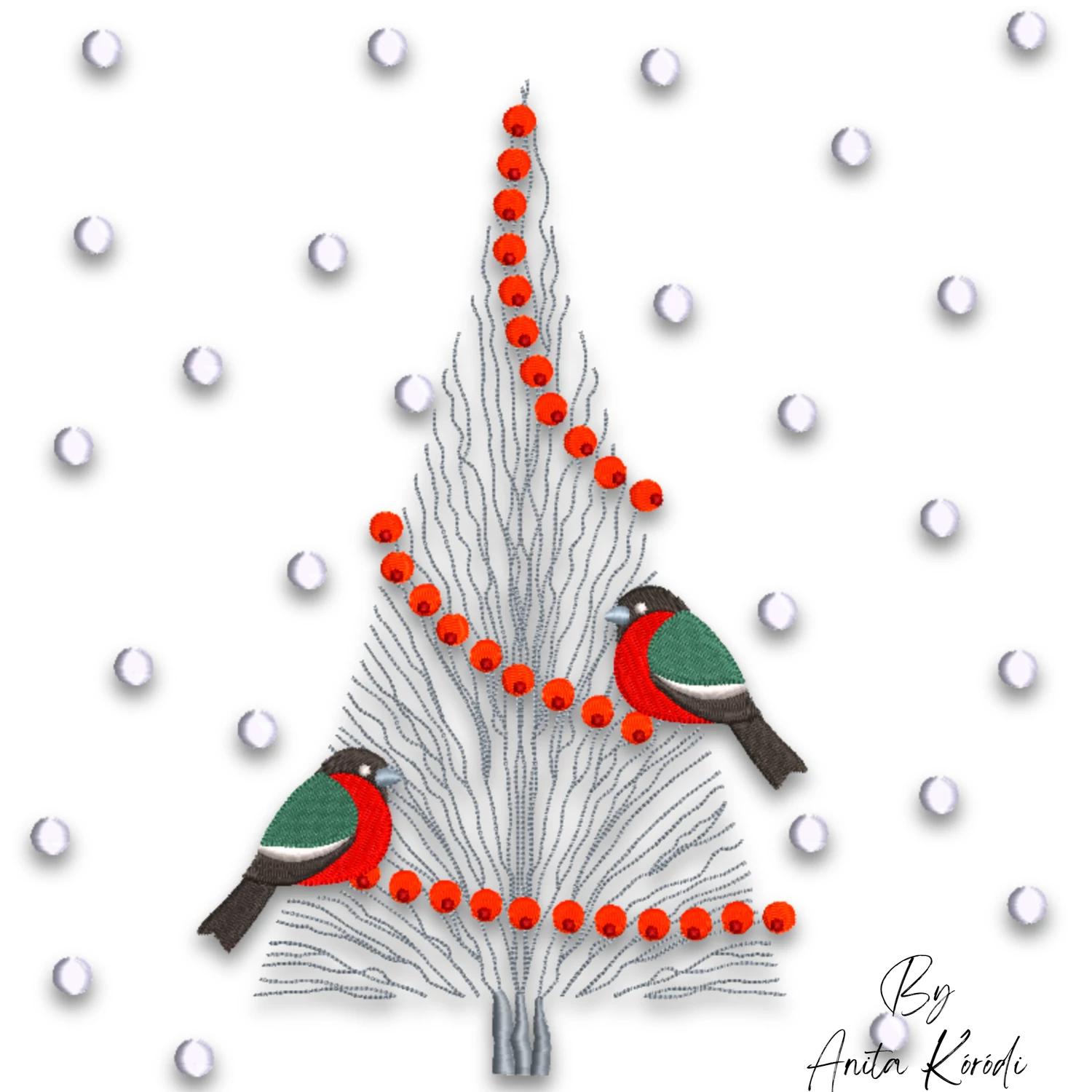 Two colorful winter birds on silver branches with falling snow embroidery