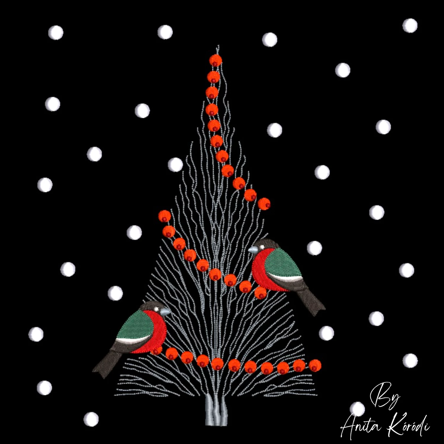 Winter bullfinch birds and red berry tree machine embroidery design