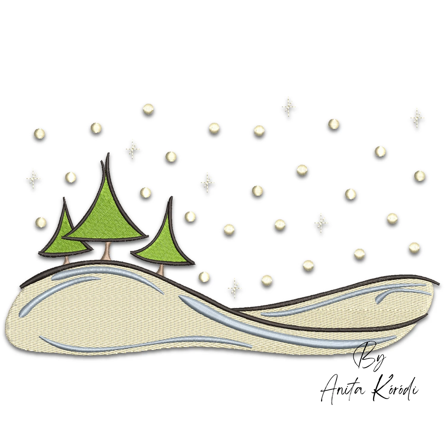 Winter landscape machine embroidery design with snowy hills and trees