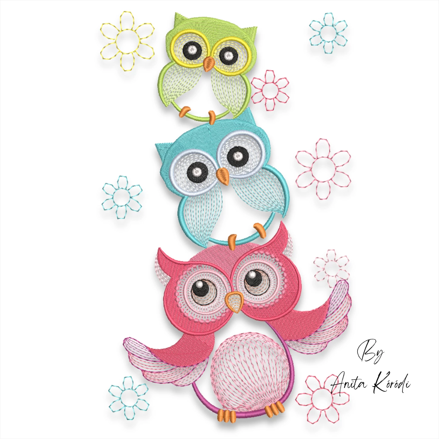 Cute owl trio embroidery design with three stacked colorful owls and decorative flowers machine embroidery file