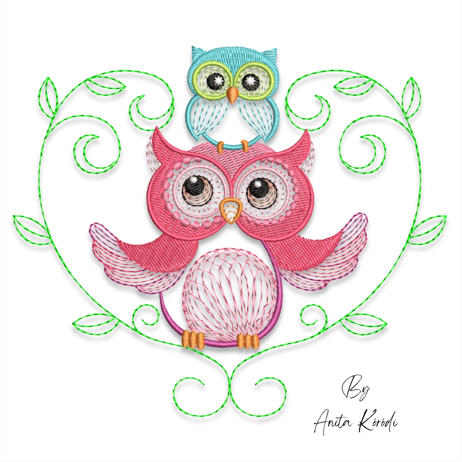 Owl family heart frame embroidery design featuring mother and baby owl machine embroidery file