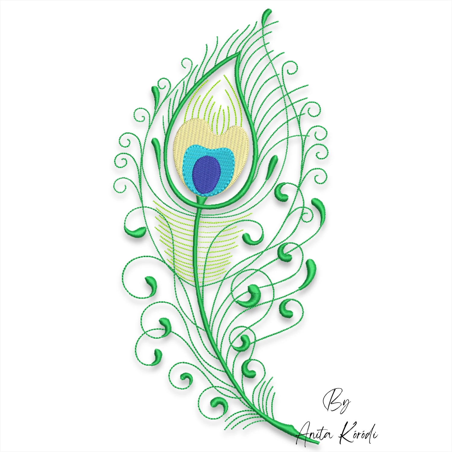 Peacock feather embroidery design with decorative swirls machine embroidery file