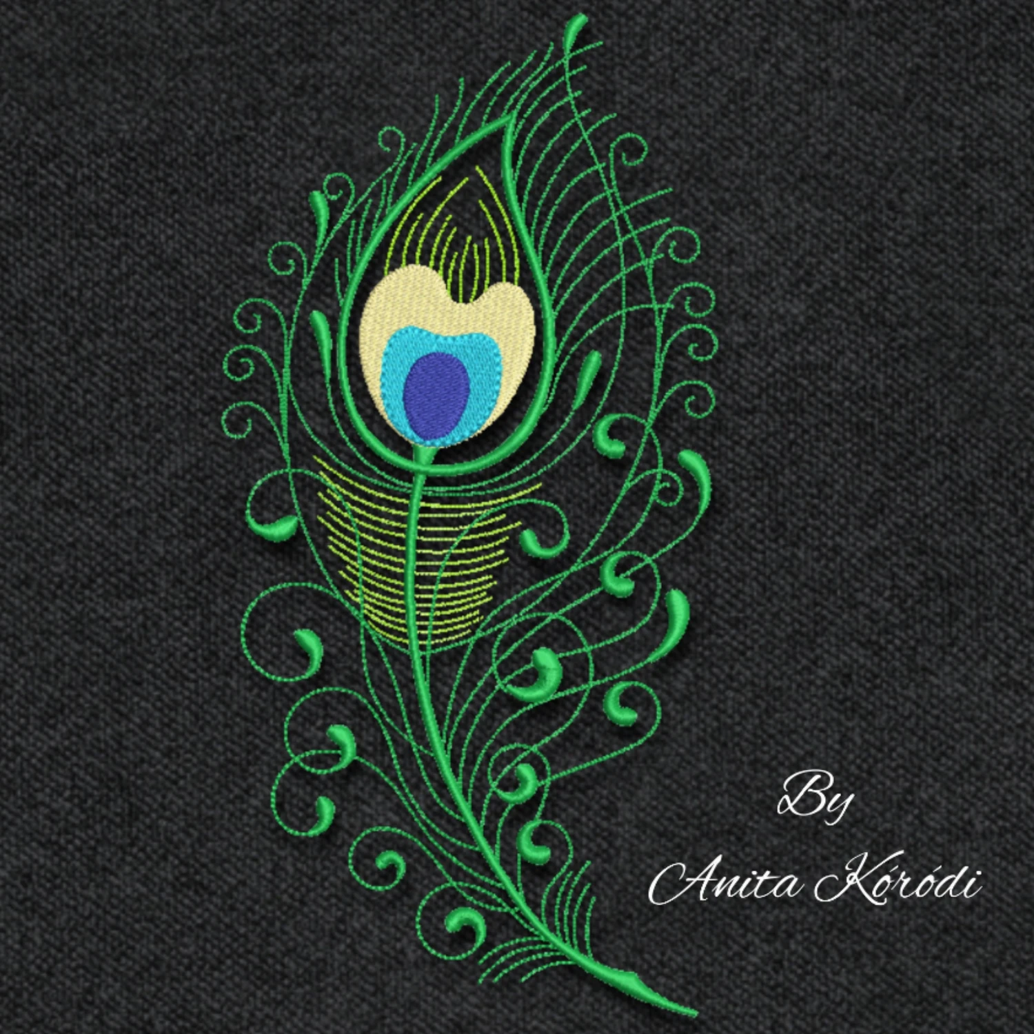 Elegant peacock feather embroidery pattern featuring decorative scrollwork and detailed stitching for fashion, home décor and creative embroidery projects.