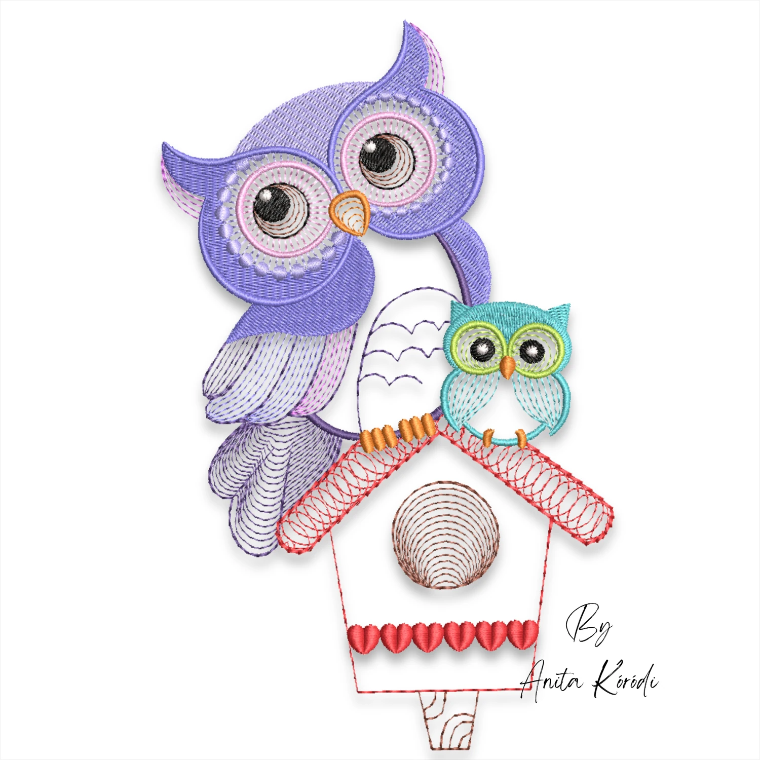 Owl birdhouse embroidery design featuring cute owl family machine embroidery file