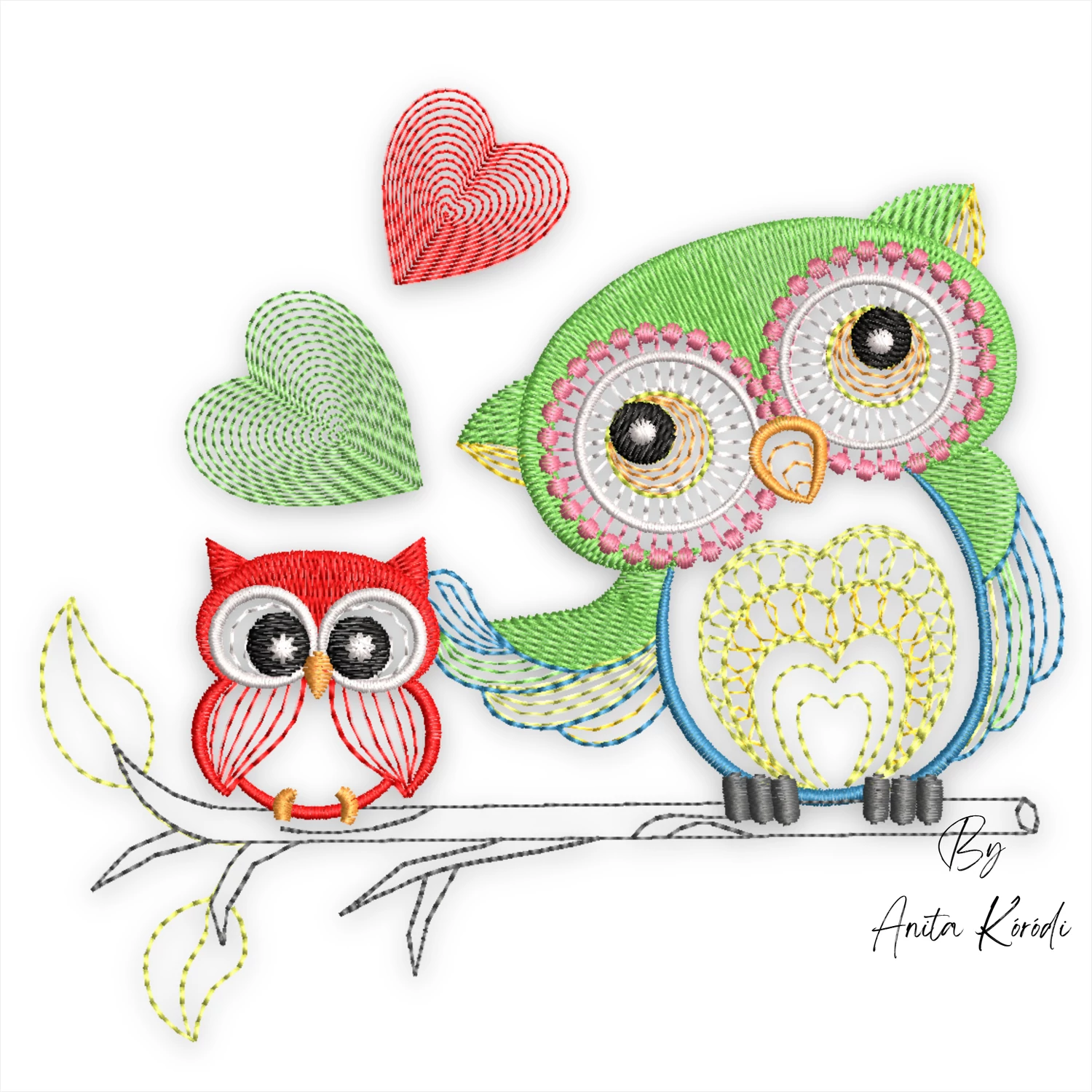 Owl family embroidery design featuring mother and baby owl machine embroidery file
