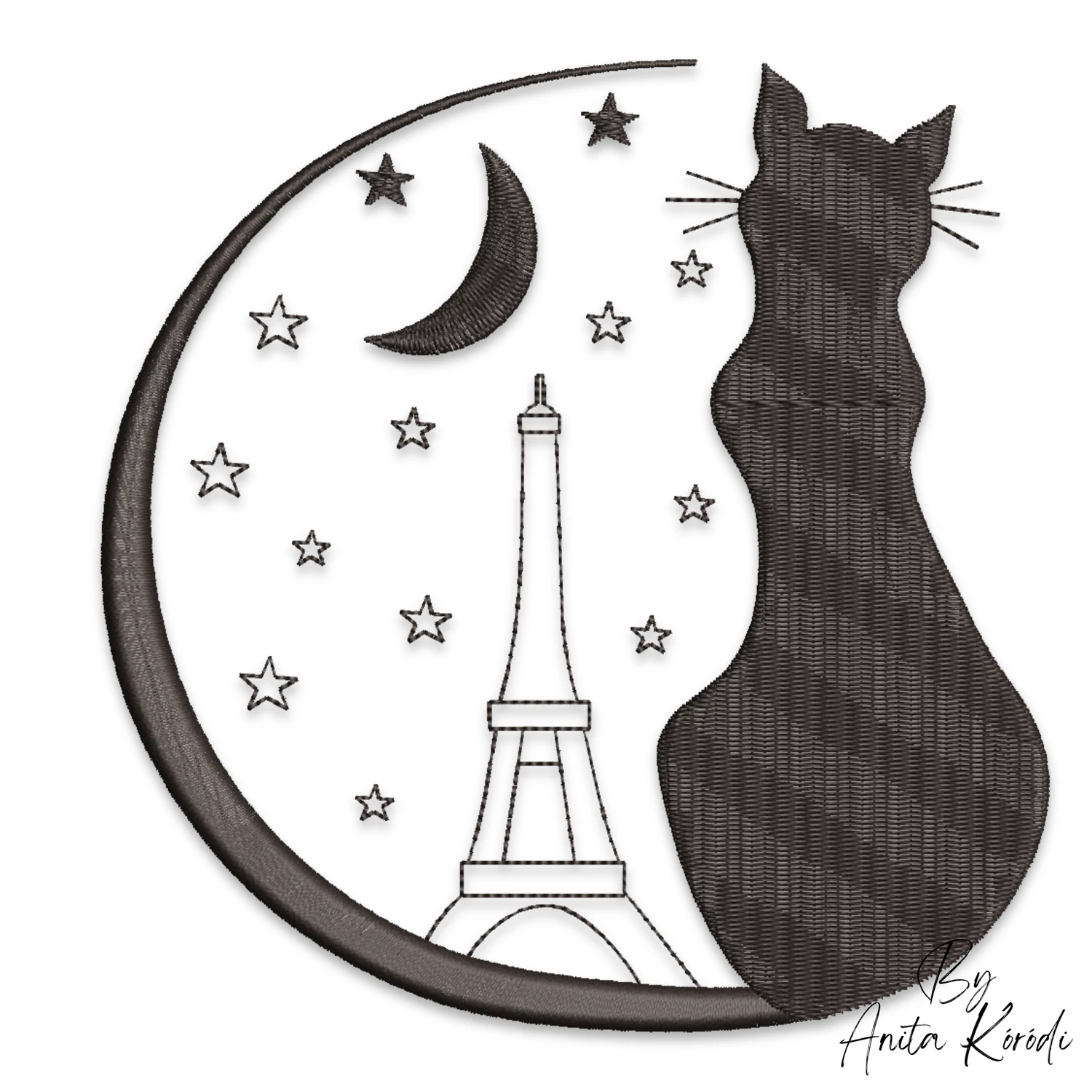cat embroidery design with moon and eiffel tower