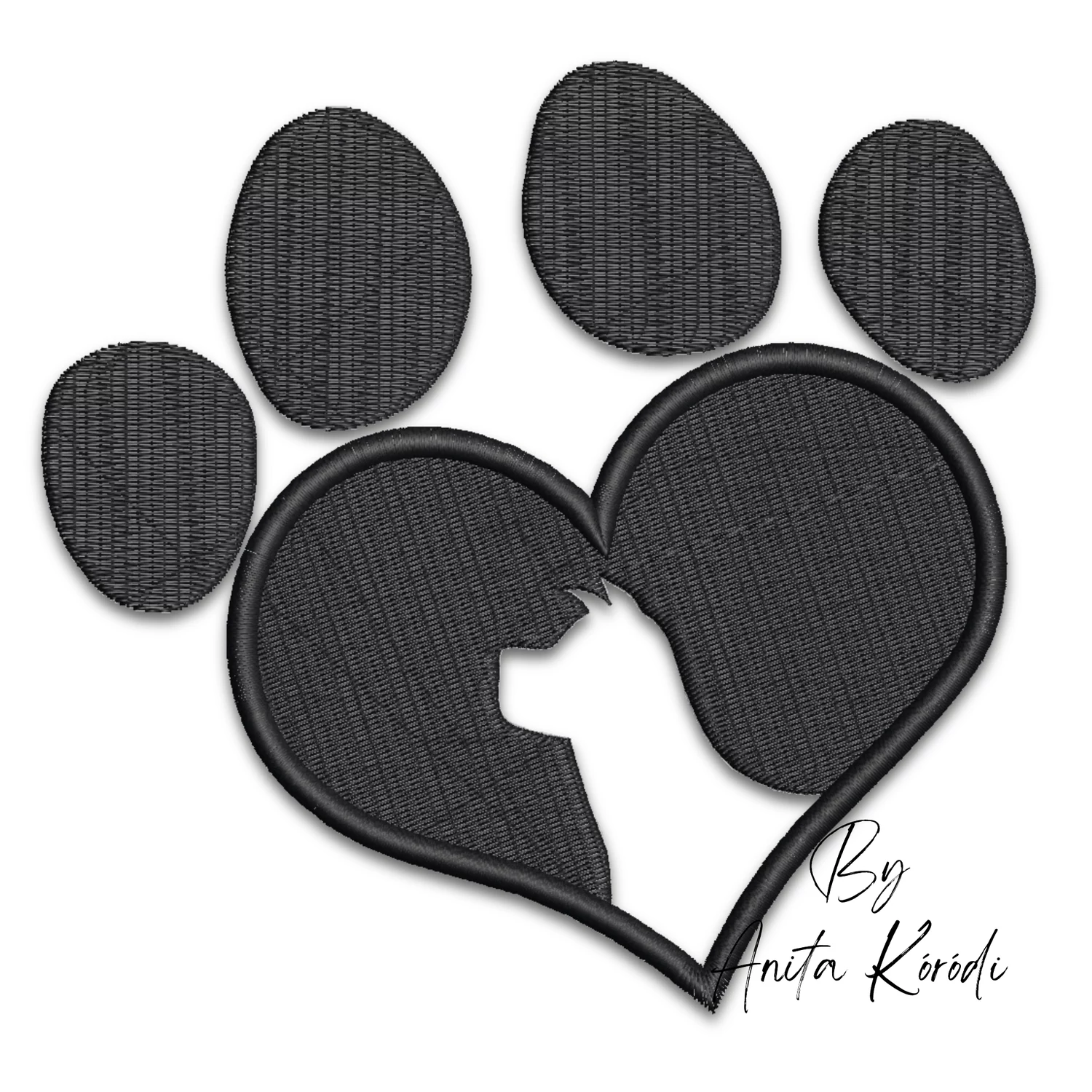 Dog silhouette inside heart paw print embroidery design