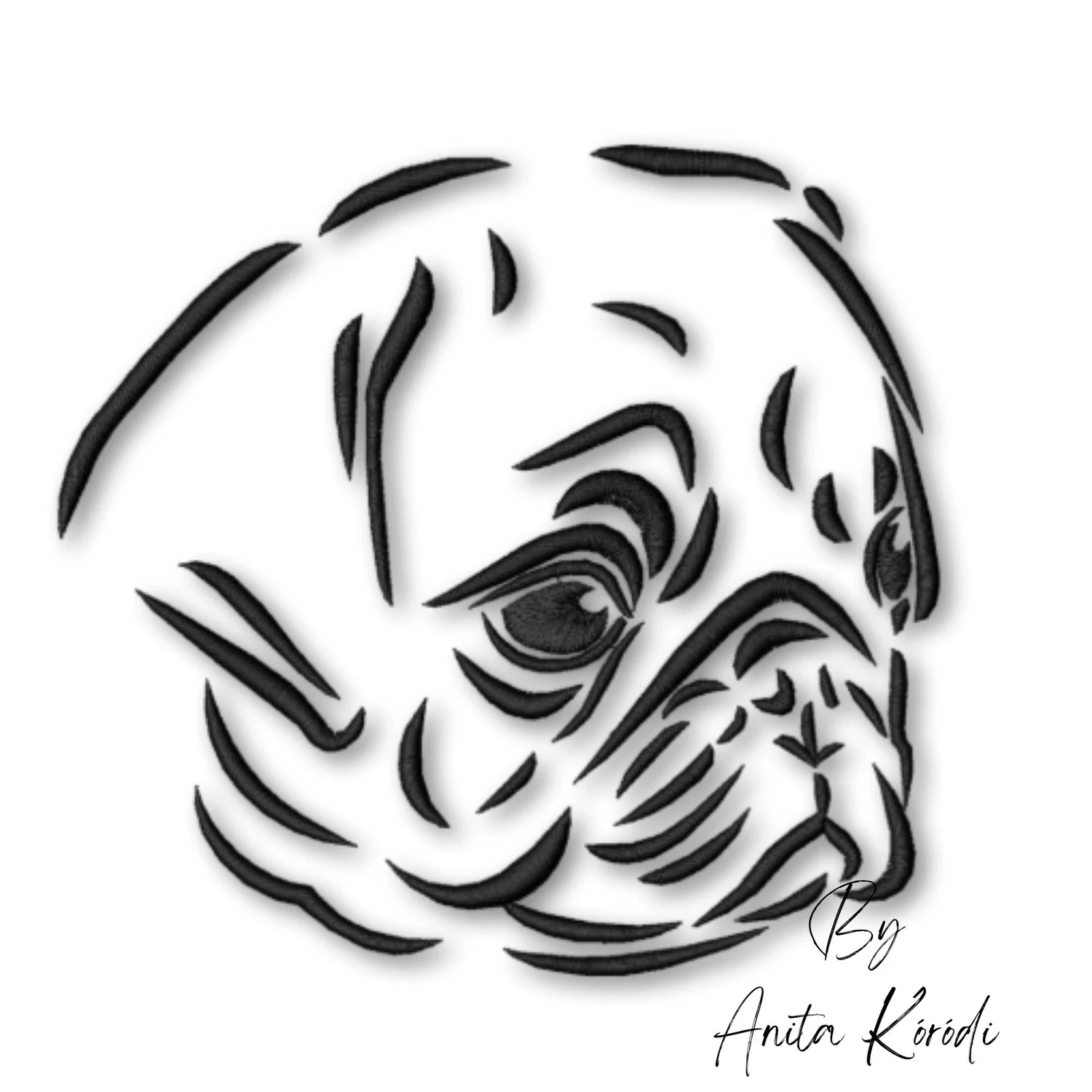 Pug face line art embroidery design featuring a detailed one-color dog portrait for machine embroidery.