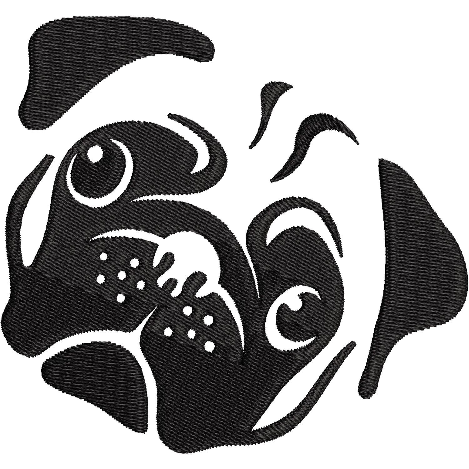 Cute pug dog face embroidery design with stylized cartoon features machine embroidery file.