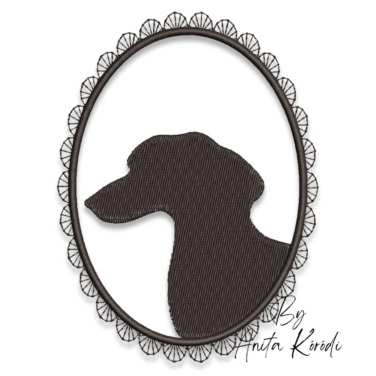 Dachshund dog silhouette embroidery design in decorative oval frame machine embroidery pattern