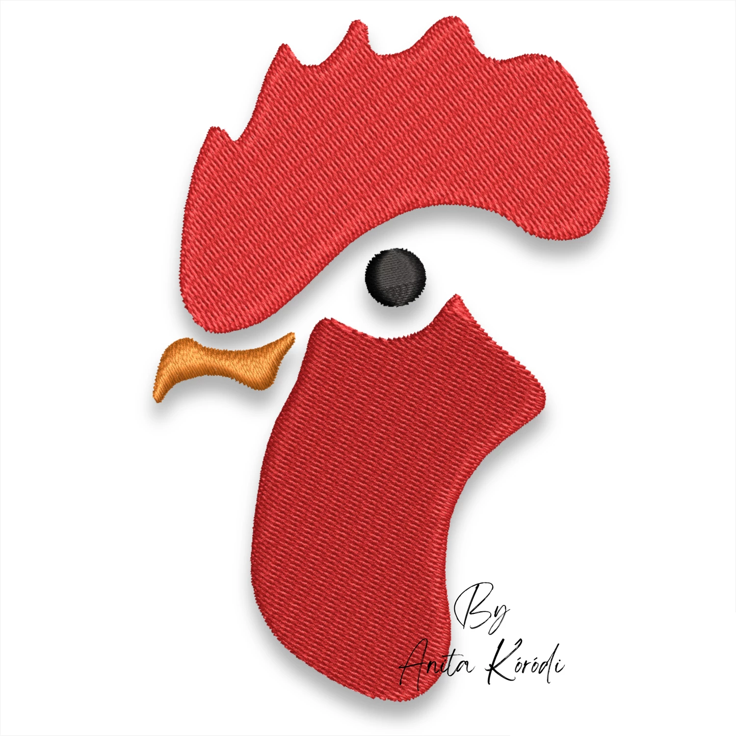 Minimalist rooster head embroidery design with red comb and clean chicken silhouette for machine embroidery projects.