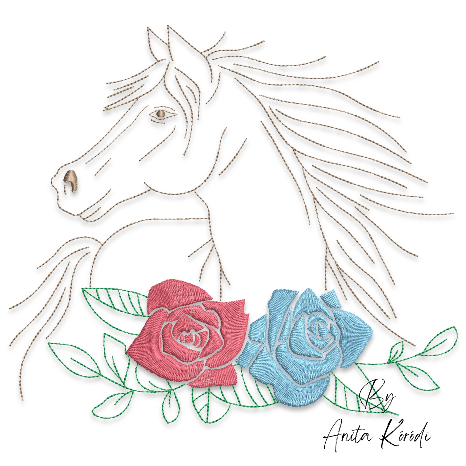 horse floral embroidery design with roses
