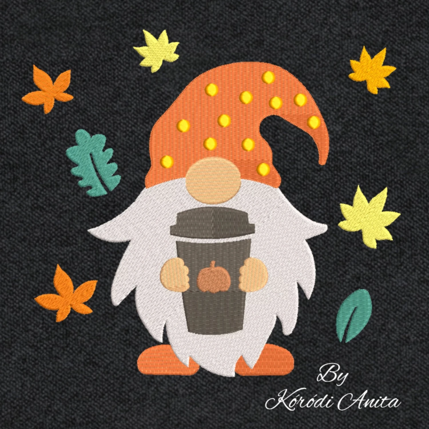 Autumn coffee gnome machine embroidery design with fall leaves