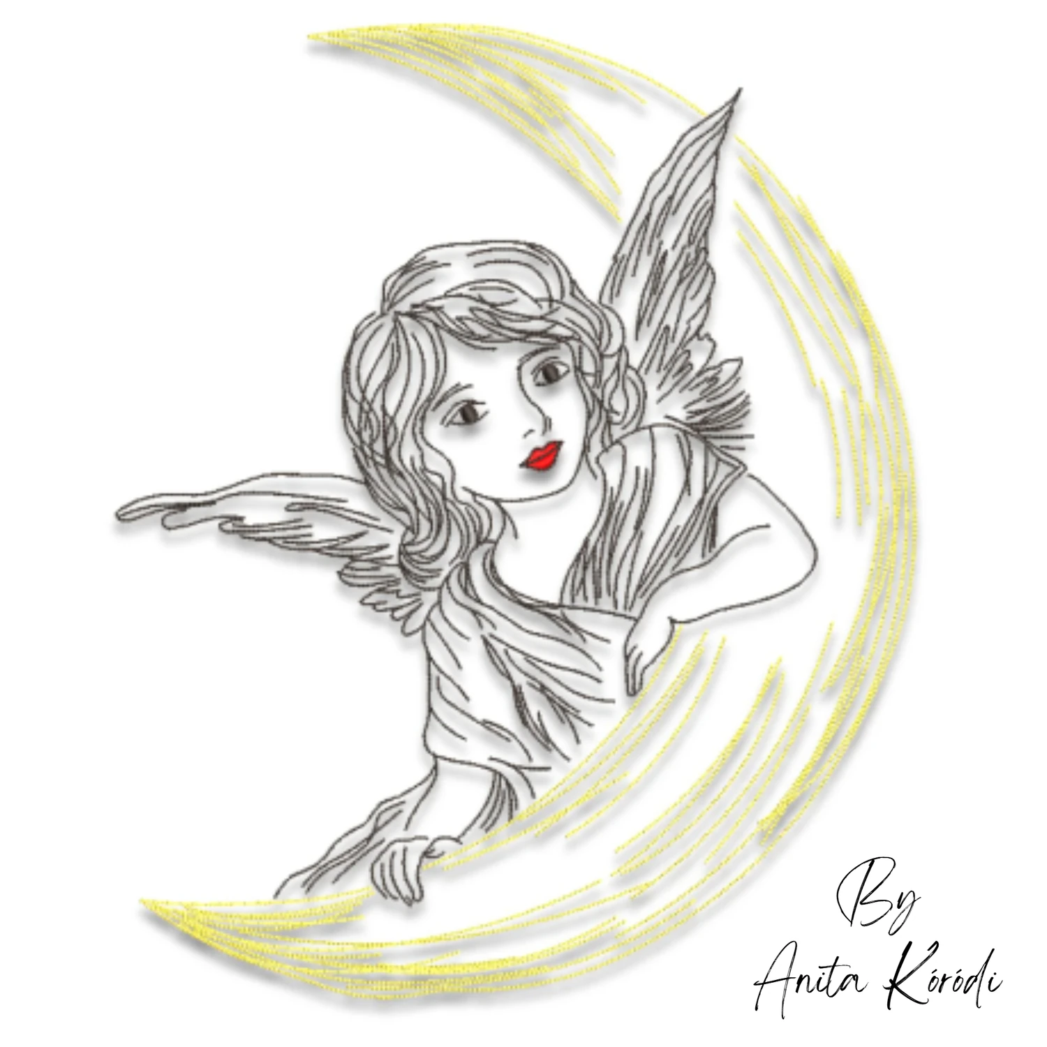 Angel on crescent moon machine embroidery design