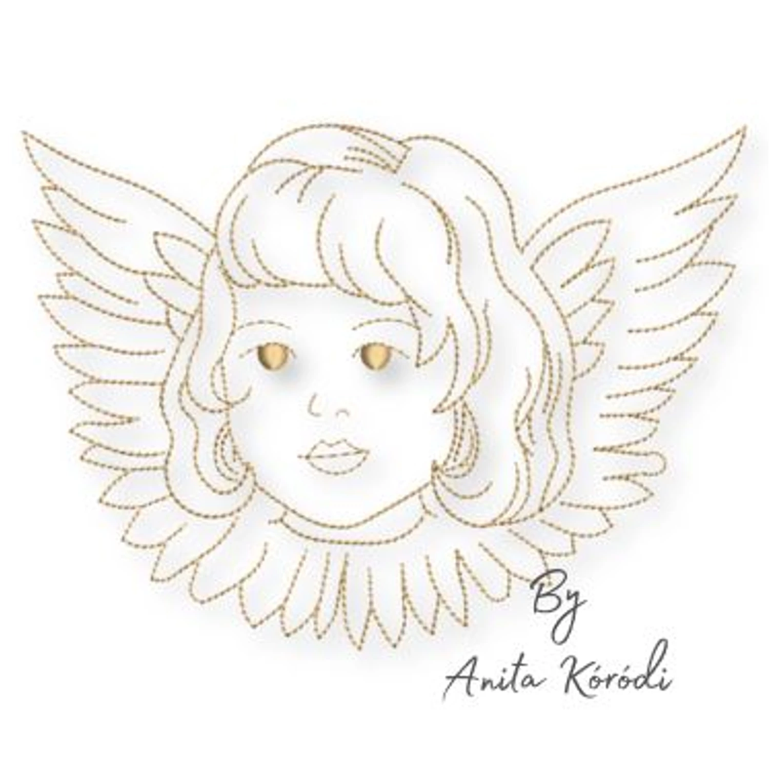Golden outline angel face embroidery design with wings