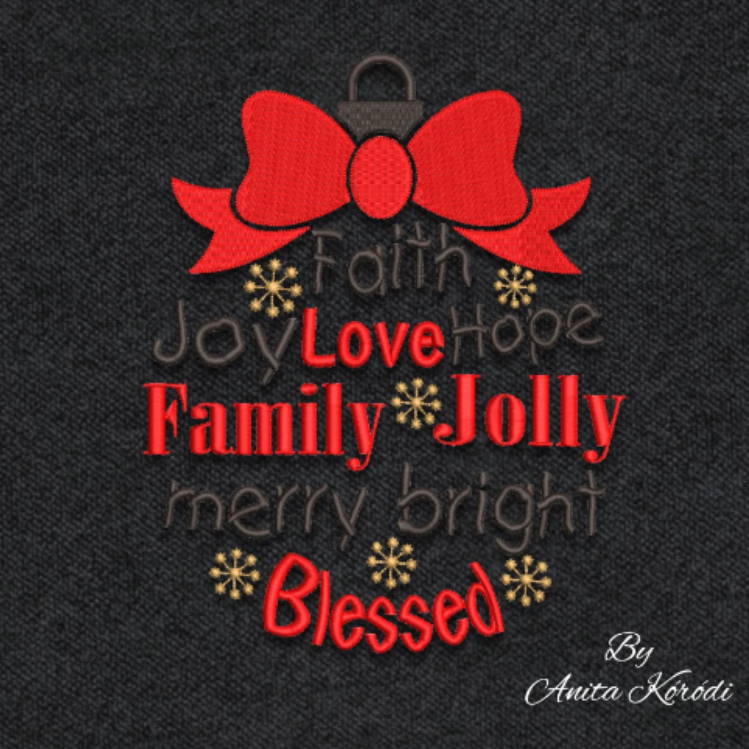 Christmas ornament words machine embroidery design with red bow
