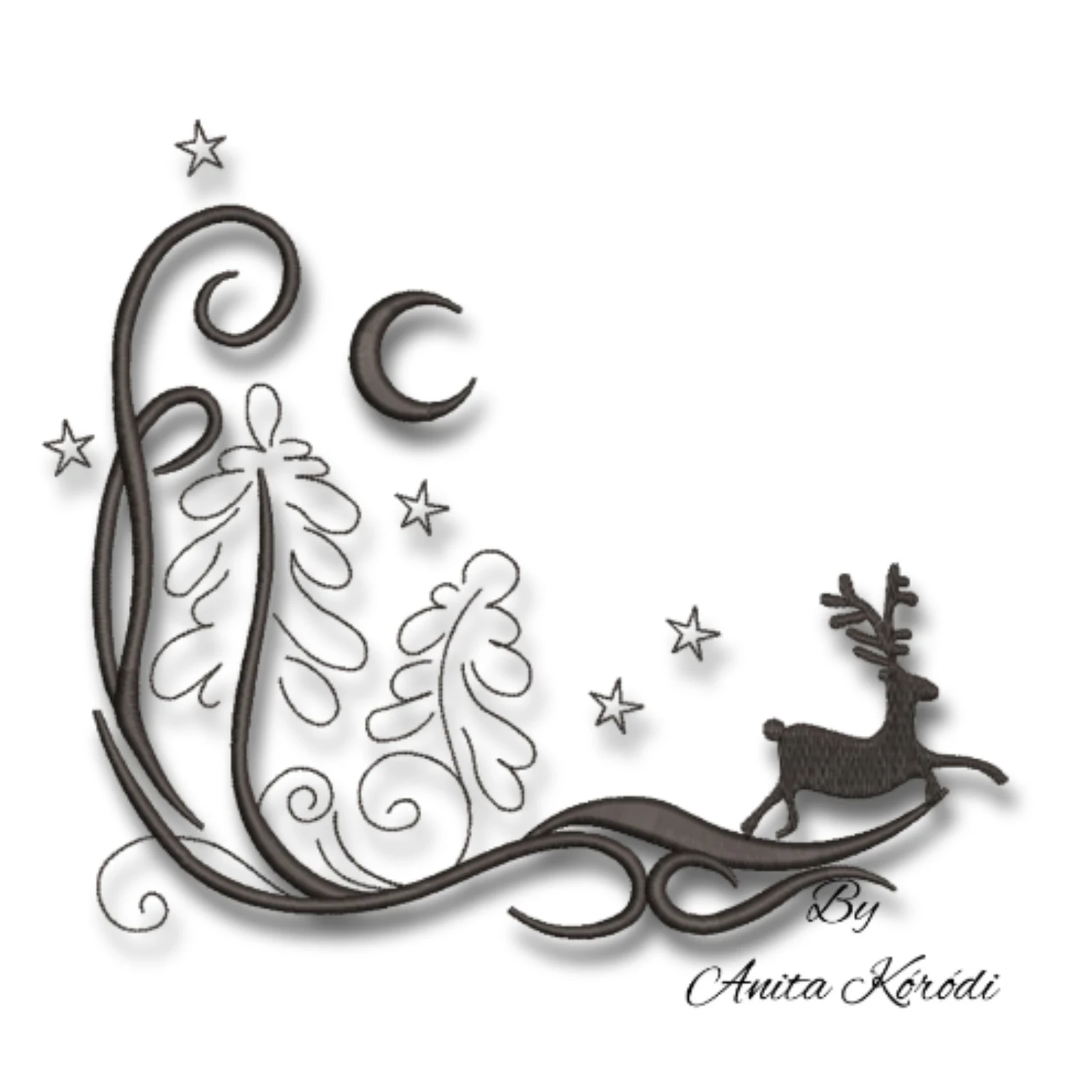 Christmas reindeer landscape machine embroidery design with trees and stars